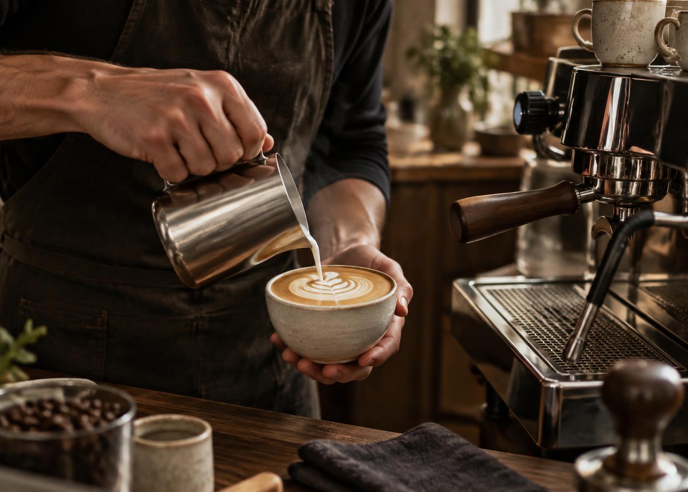 Barista carefully pouring latte art at ManulCoffee